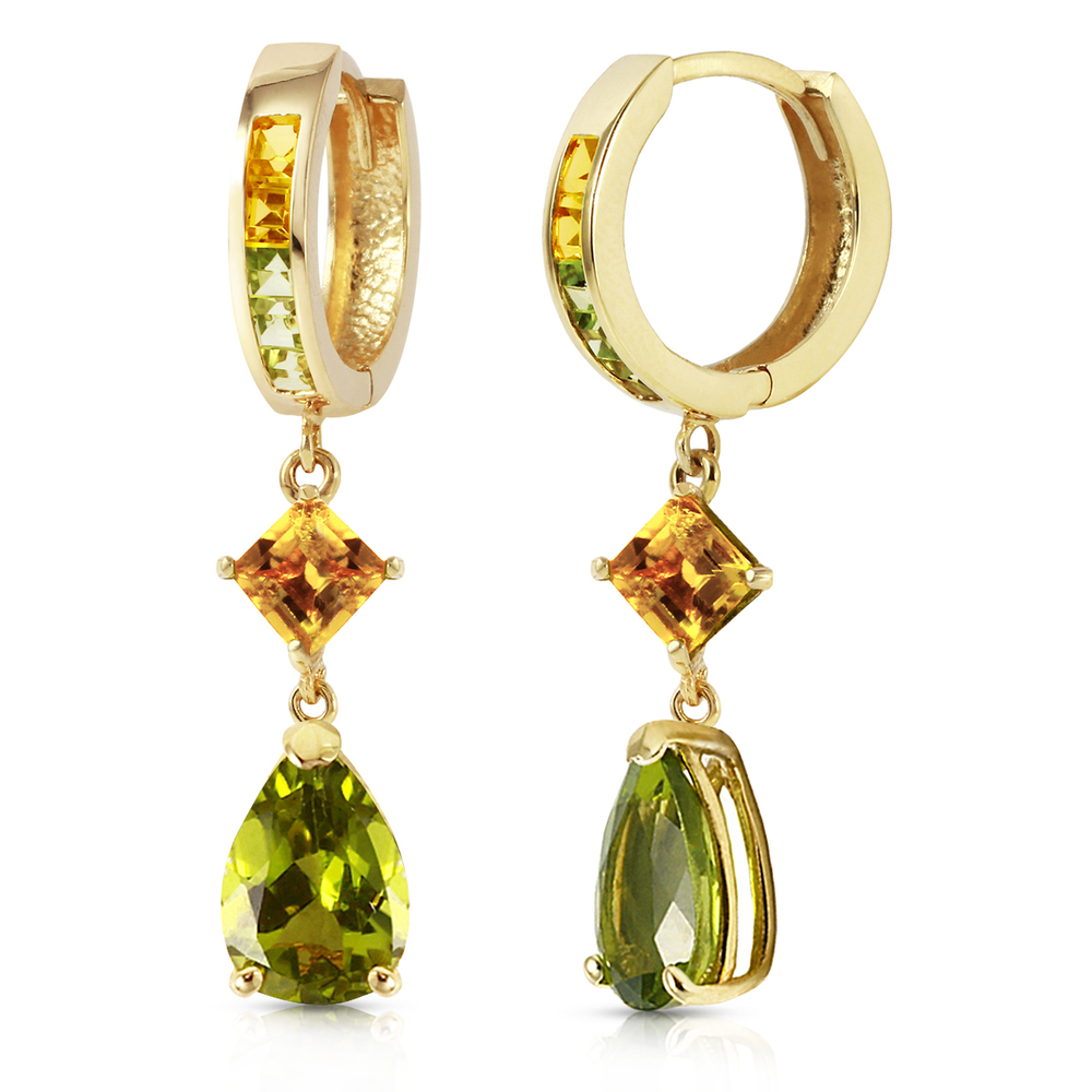 14K. HUGGIE EARRING WITH DANGLING PERIDOT & CITRINES (Yellow Gold)
